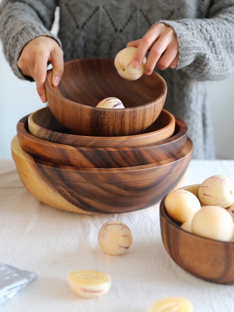 キッチン 天然木製ボウル 家庭用フルーツボウル サラダボウル 家庭用レストラン用 食品容器 木製食器 サイズにご注意ください ホット