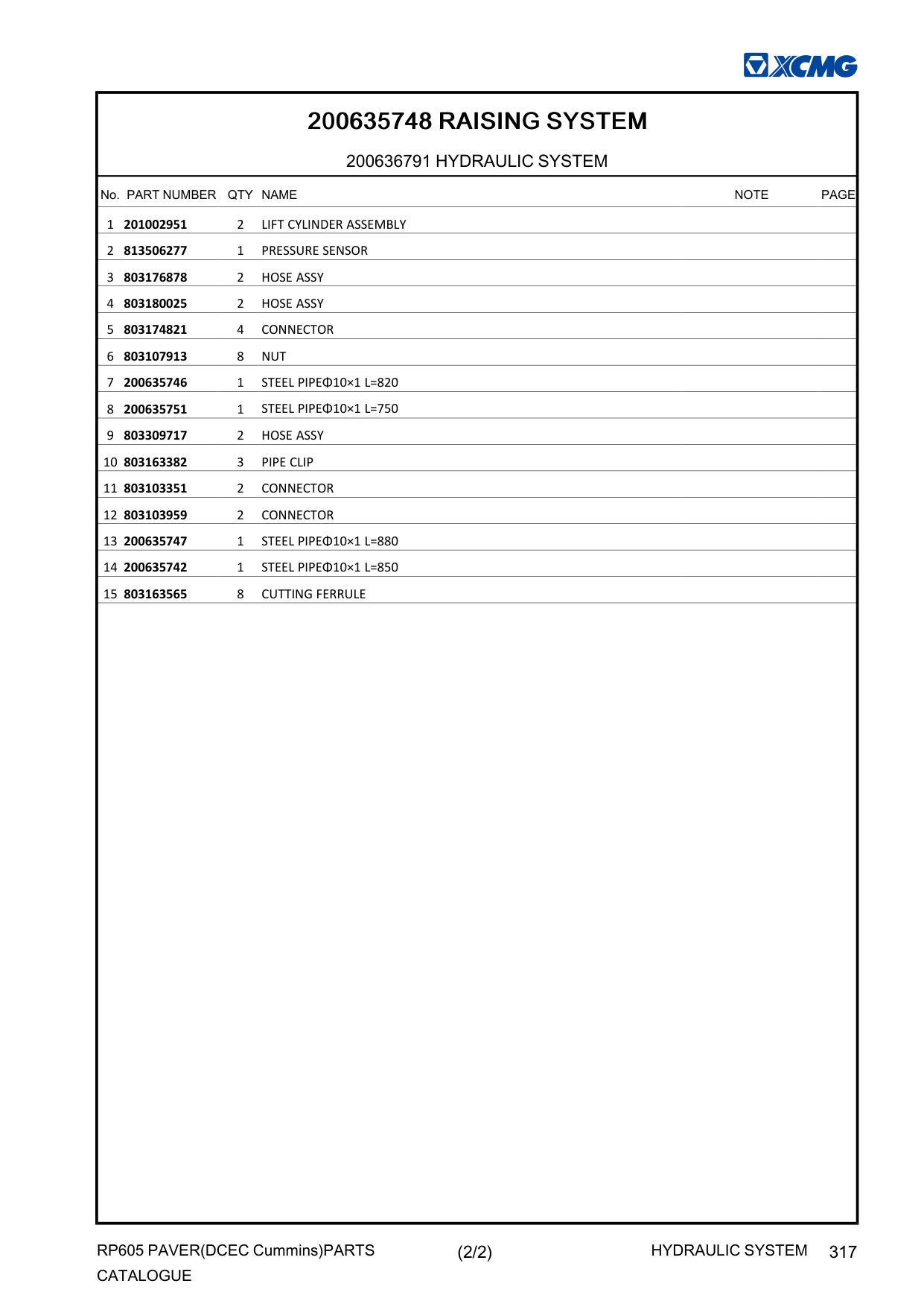 Sample 6 of XCMG RP605 Paver Parts Catalog [PDF]