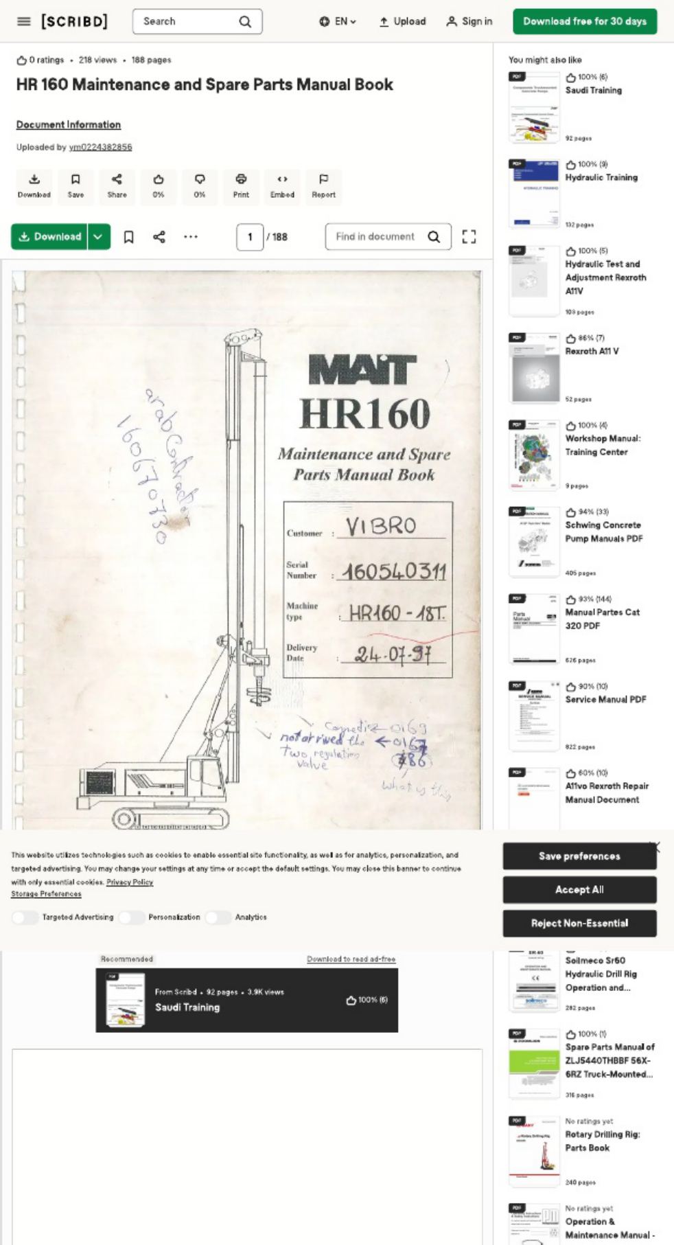 Caterpillar CAT HR 160 Maintenance Spare Parts Catalog [PDF] sample cover