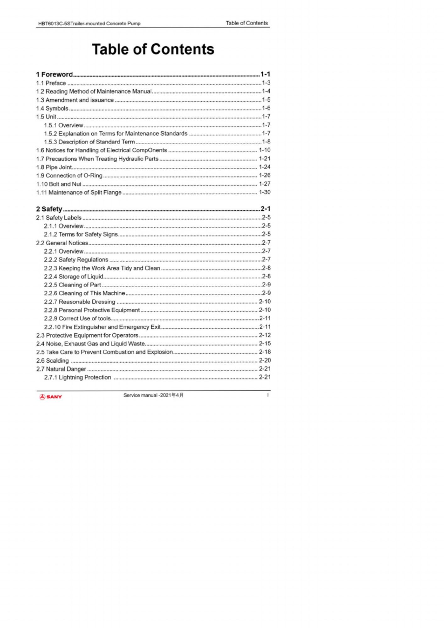 PDF page 5 of Sany Heavy HBT6013C-5S Concrete Pump Workshop Service Manual [PDF]