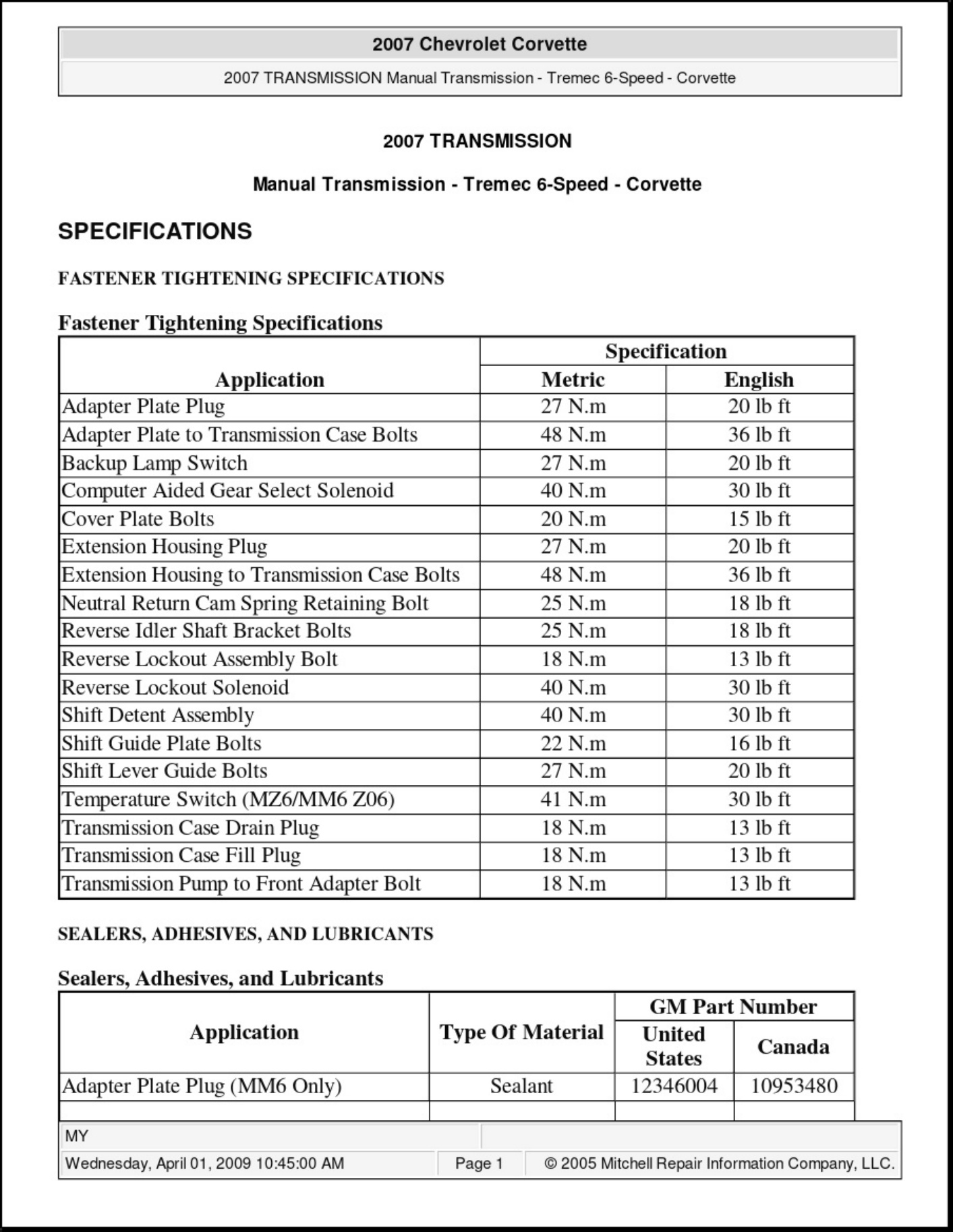 Technical Document 2007 Corvette Tremec 6-Speed Specs Technical Manual [PDF] cover