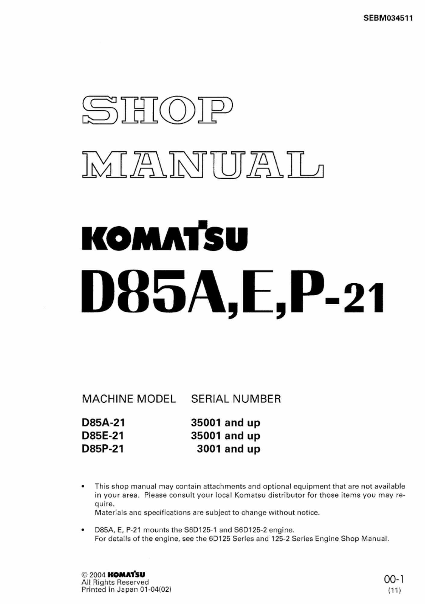 Komatsu D85 Technical Manual [PDF] cover