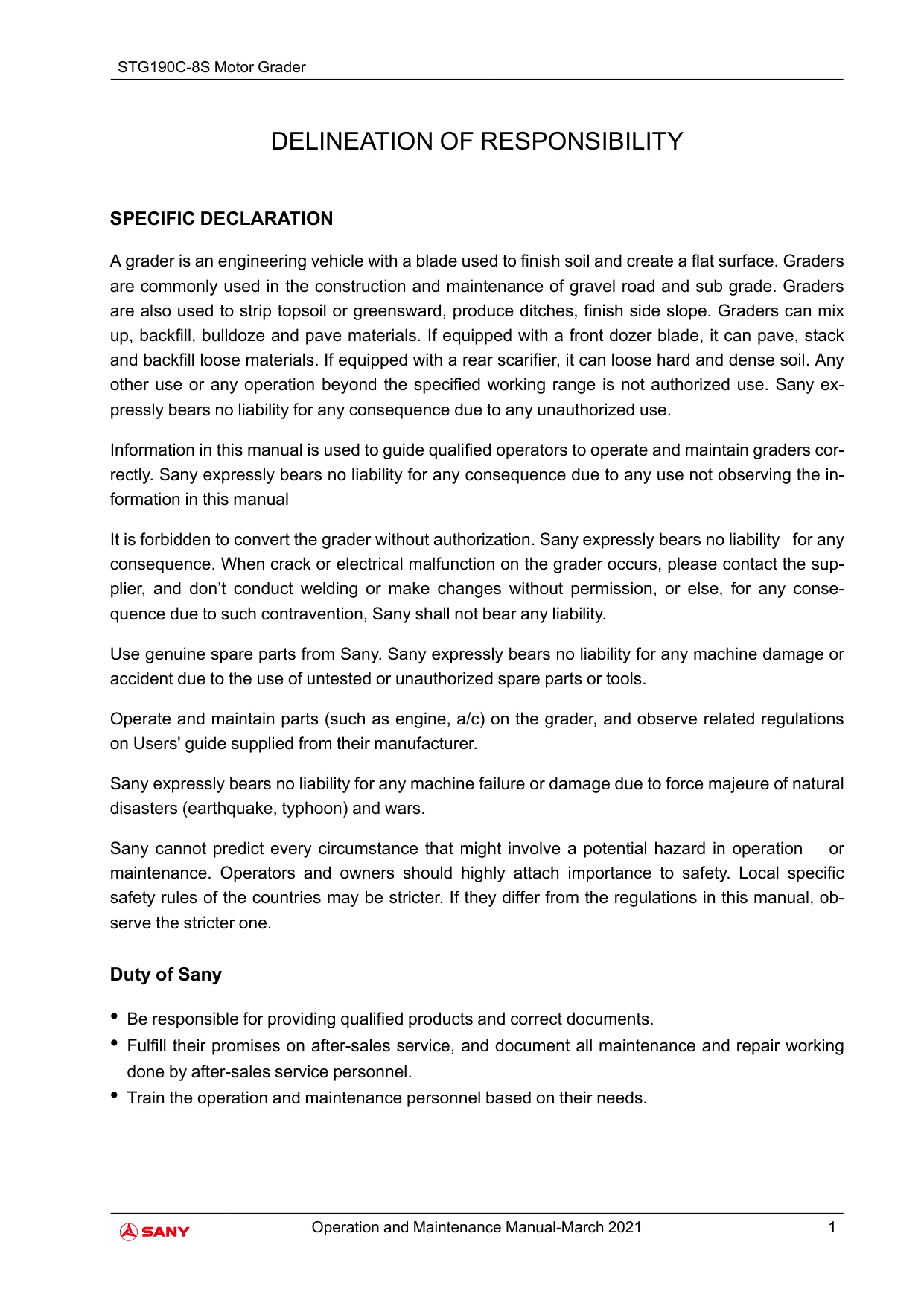 Sample 2 of Sany Heavy STG190C-8S Motor Grader Operation & Maintenance Manual (OMM) [PDF]