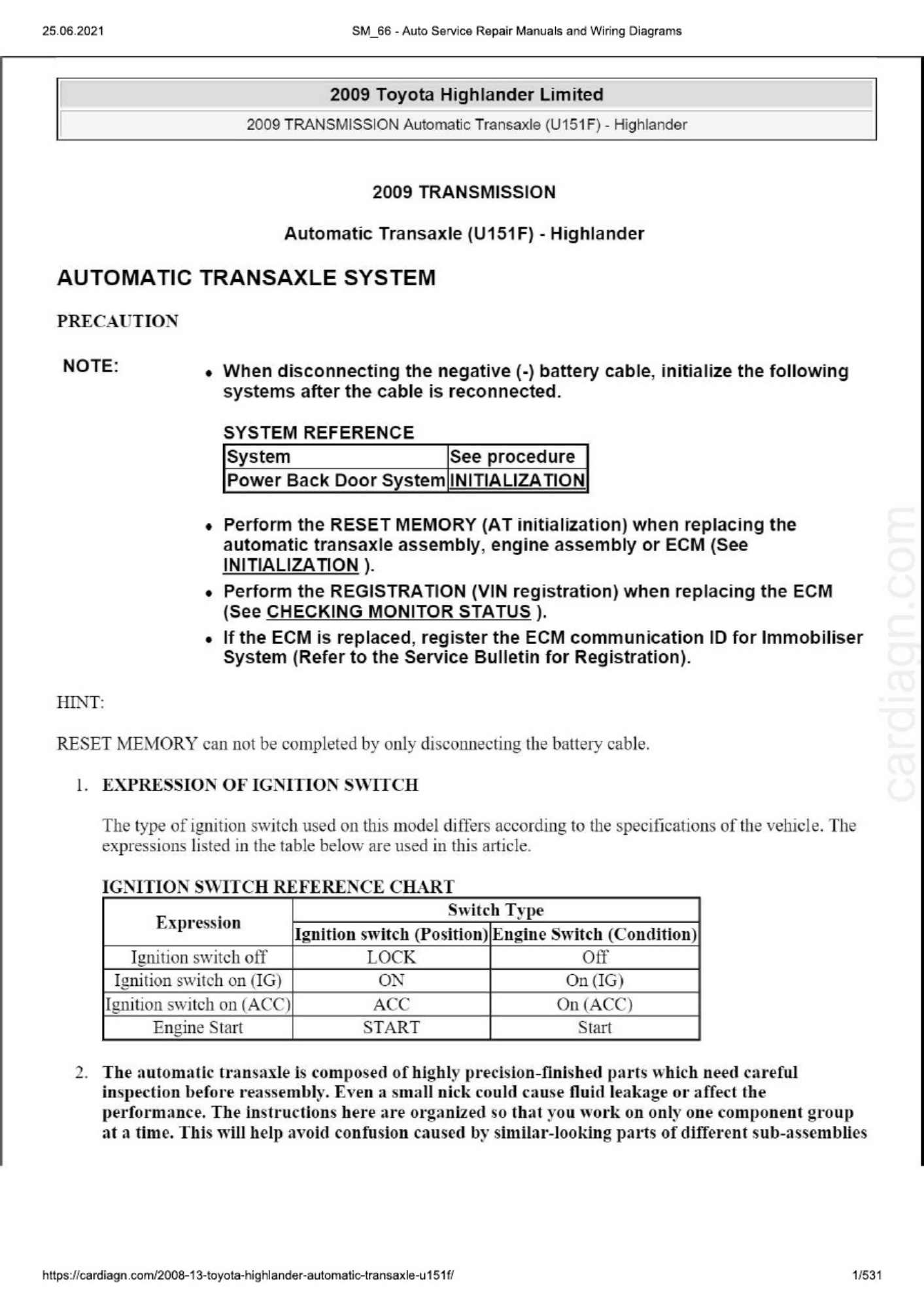 Toyota Highlander 08-13 Automatic Transaxl Technical Manual [PDF] cover